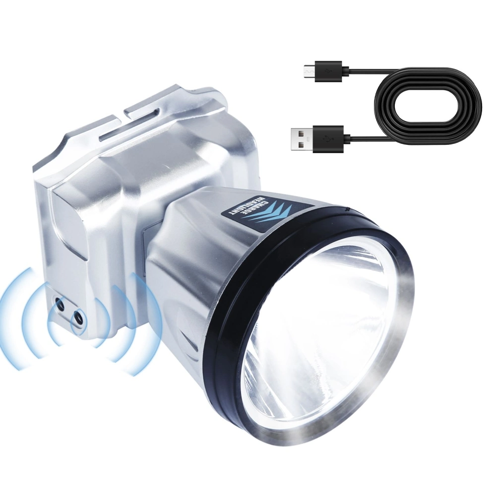High-powered LED flashlight with USB charging cable, featuring a sleek silver design and a durable build for outdoor adventures.