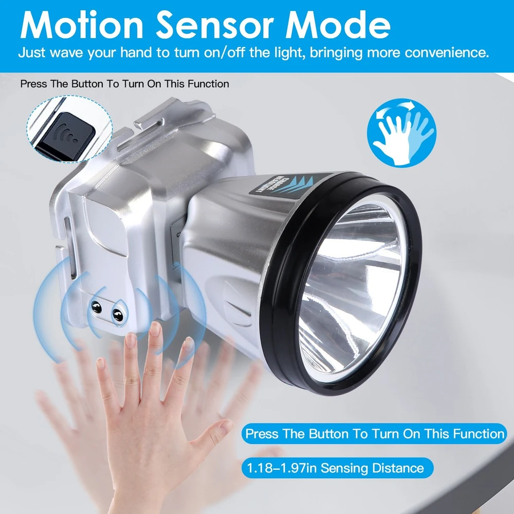 Motion sensor light with hand wave activation and adjustable sensing distance, featuring a sleek silver design.