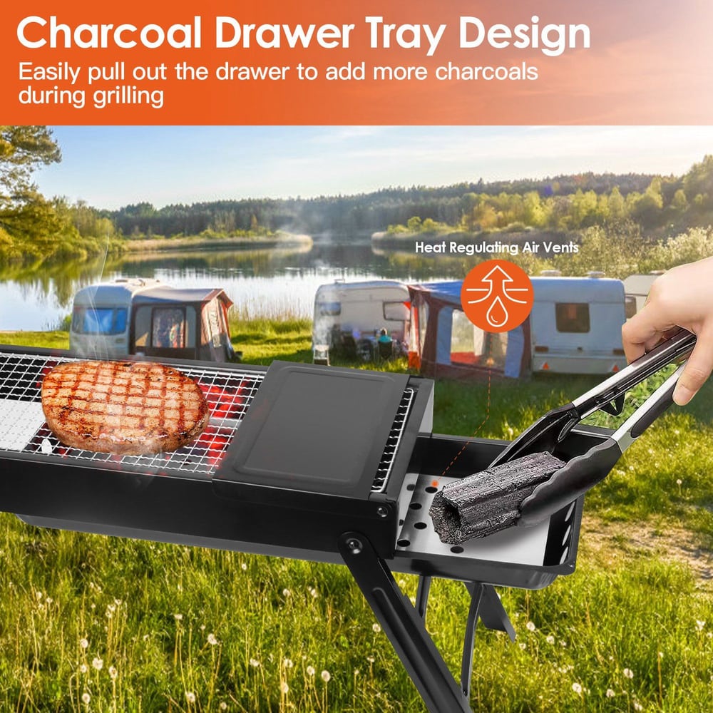 Compact charcoal grill with drawer tray design for easy charcoal refilling while grilling outdoors, featuring grilled steak and scenic campsite background.