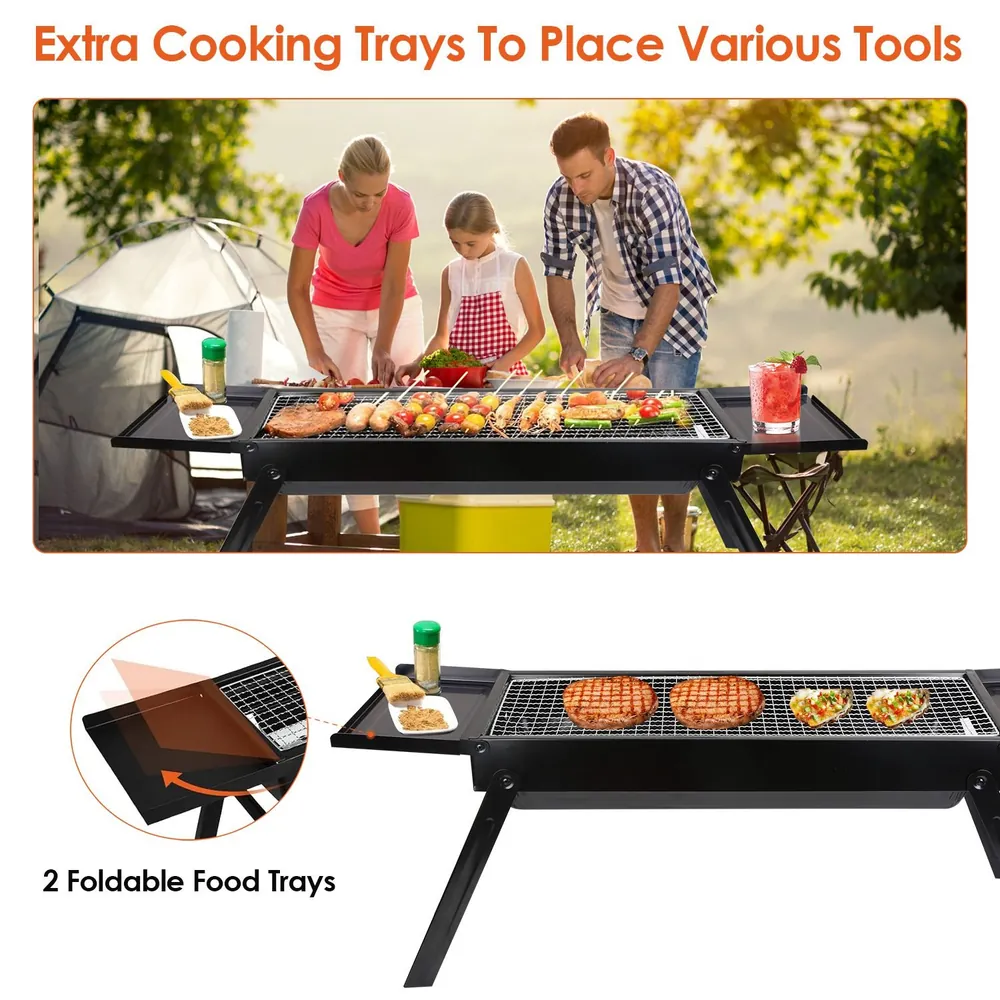 Image of a portable outdoor grilling table with extra cooking trays, featuring a family enjoying a barbecue, and displaying two foldable food trays perfect for various tools and condiments.