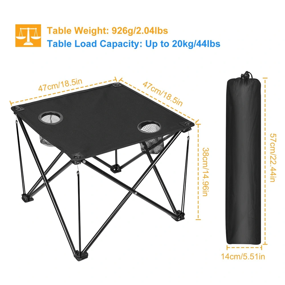Portable black folding camping table with weight capacity of 20kg/44lbs, featuring two cup holders and compact carry size of 57cm/22.44in.