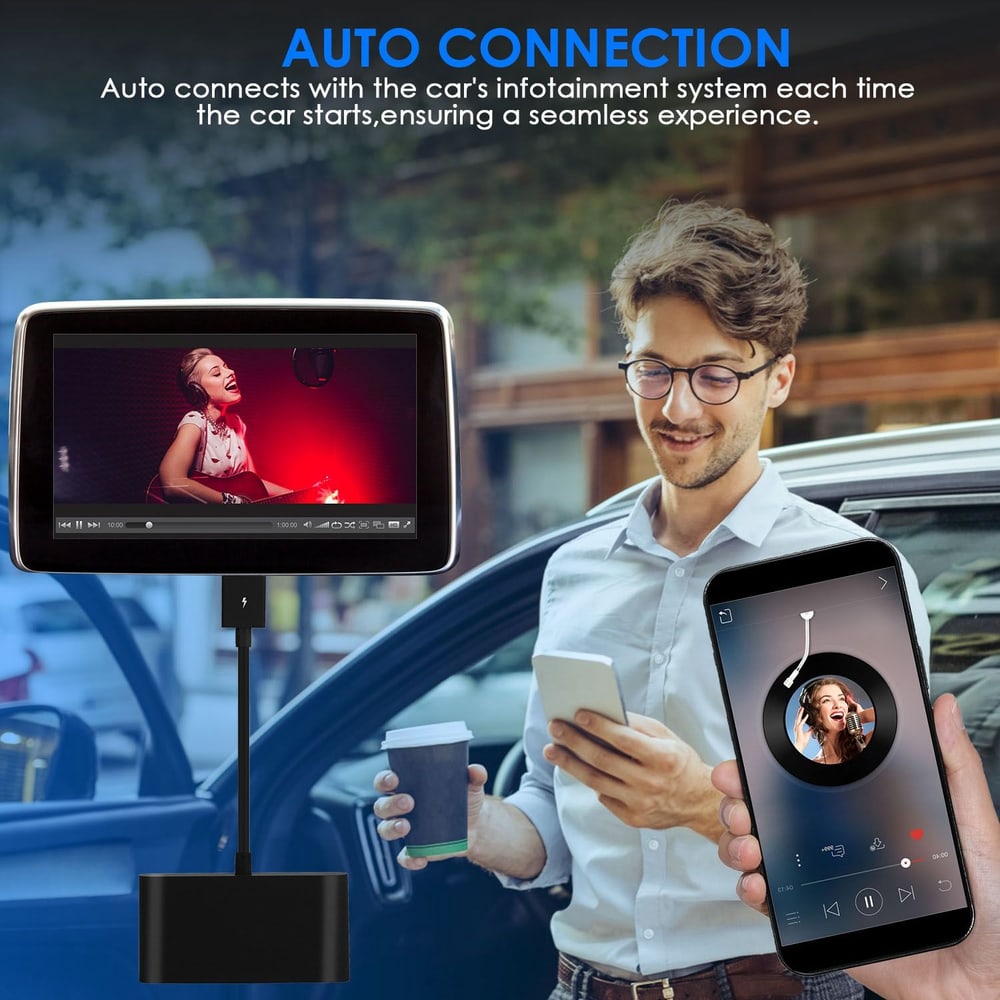 Car infotainment system with auto connection feature, featuring a sleek display playing media, while a man uses a smartphone with a coffee cup in hand, symbolizing seamless integration and user experience.