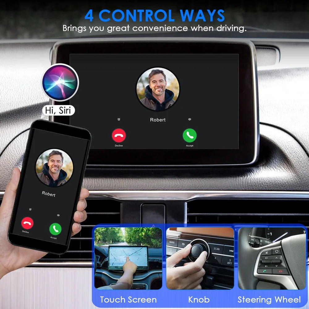 Smartphone interface showing a caller named Robert with options to accept or decline the call, featuring a car dashboard with a touch screen, knob, and steering wheel controls for hands-free operation.