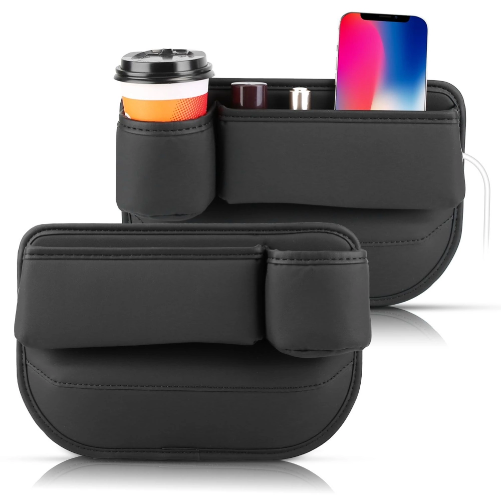 Black multifunctional car seat organizer with cup holder and phone slot, designed for easy access to drinks and devices while driving.