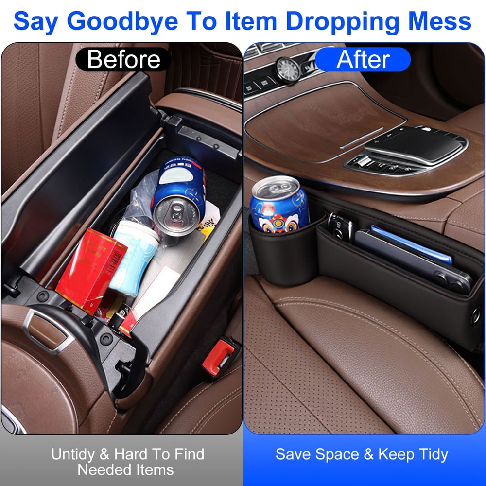 Before and after image showing a messy car console with clutter on the left and an organized console with a sleek cup holder and items neatly stored on the right, illustrating the benefits of a car organizer.