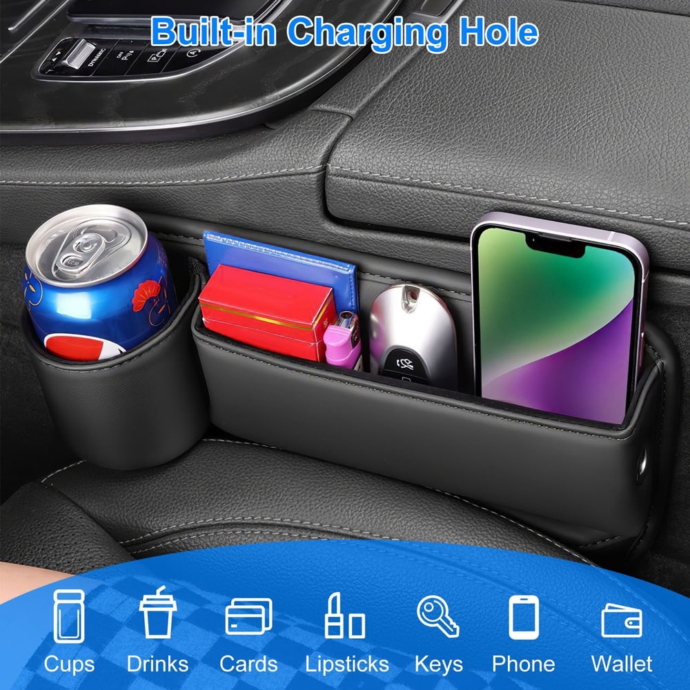 Car cup holder organizer with a built-in charging hole, featuring compartments for a beverage can, smartphone, keys, cards, lipsticks, and small items on a leather car interior.