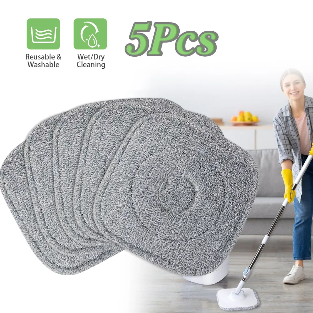 Set of 5 reusable and washable gray cleaning pads for wet or dry cleaning, demonstrated by a person mopping a floor.