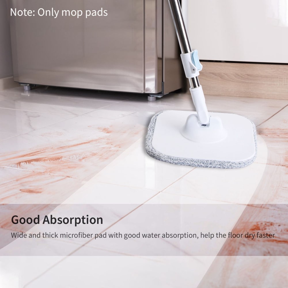 Microfiber mop pad featuring wide and thick design for effective water absorption, positioned on a clean tiled floor with stains, showcasing its cleaning capability.