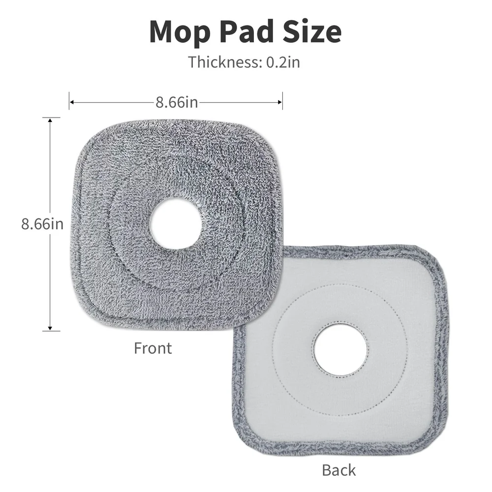 Gray microfiber mop pad showing front and back sides, with dimensions of 8.66 inches by 8.66 inches and a thickness of 0.2 inches.