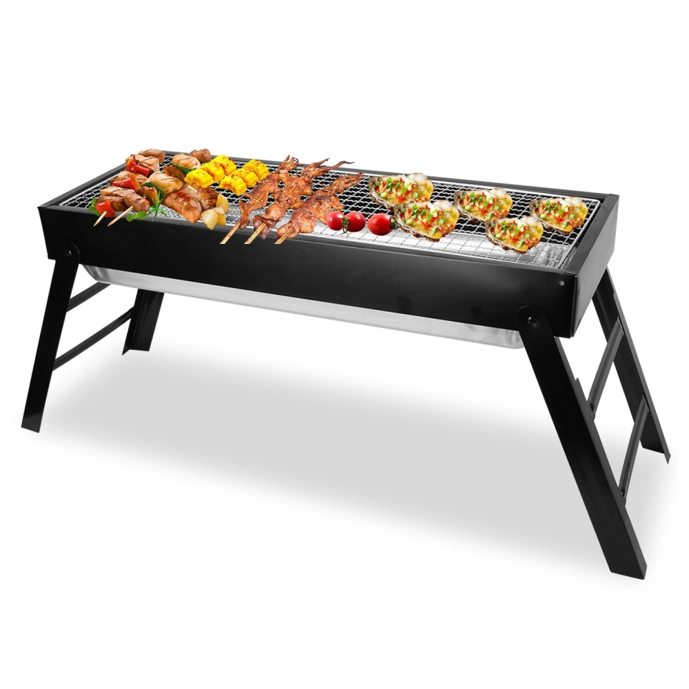 Portable charcoal grill with skewers, colorful vegetables, and grilled meats, perfect for outdoor barbecues and gatherings.