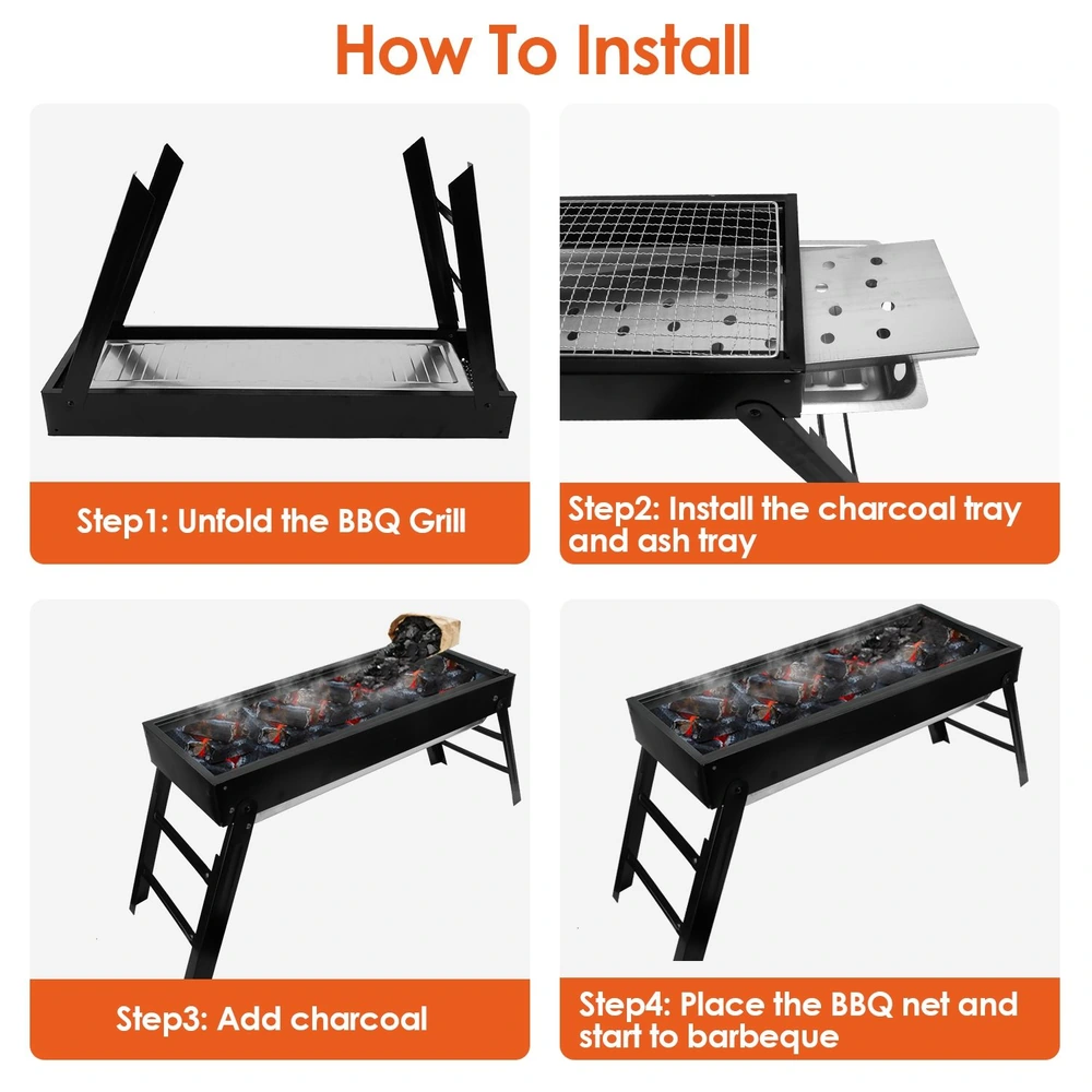 Step-by-step instructions for assembling a portable BBQ grill, including images depicting unfolding the grill, installing trays, adding charcoal, and placing the BBQ net for cooking.