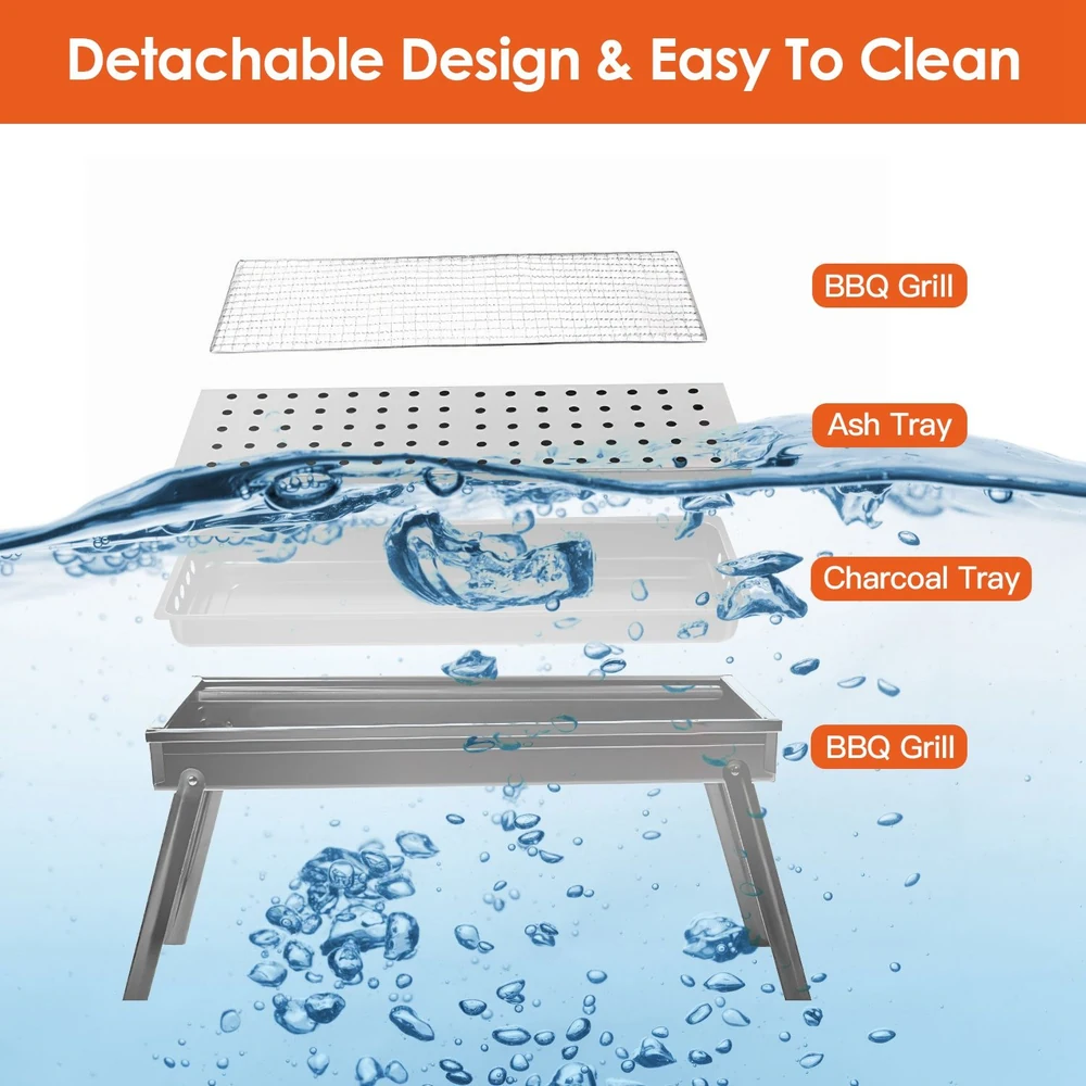 Detachable BBQ grill set with ash and charcoal trays submerged in water, highlighting easy-to-clean design.